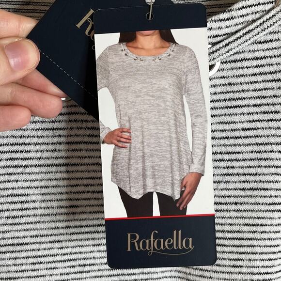 Rafaella Women's Tunic Sweater Sz L Striped Gray & White Asymmetric Grommet Neck - Picture 7 of 9